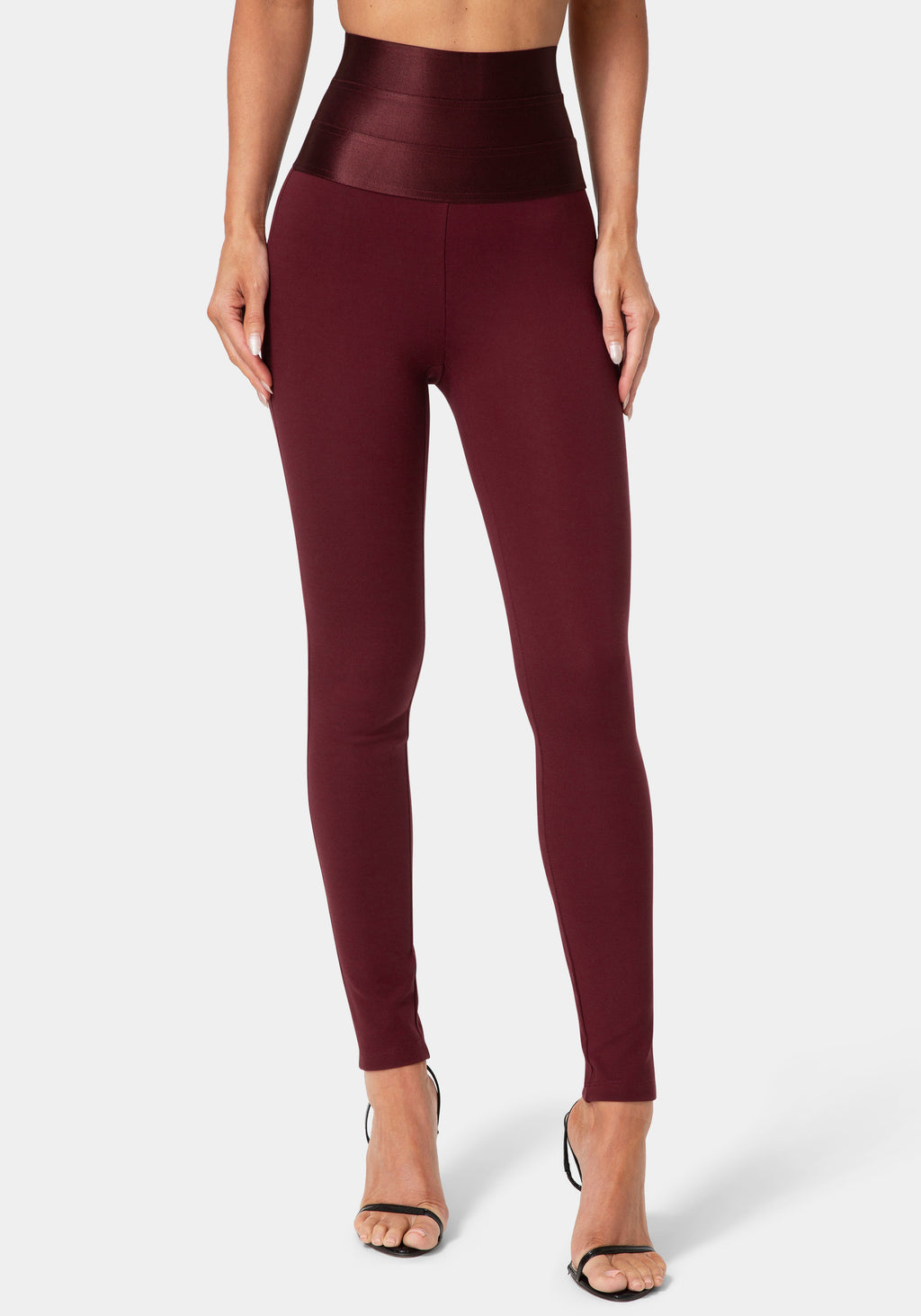 Front View-HIGH WAIST SATIN ELASTIC WAISTBAND  LEGGING-DARK CHERRY