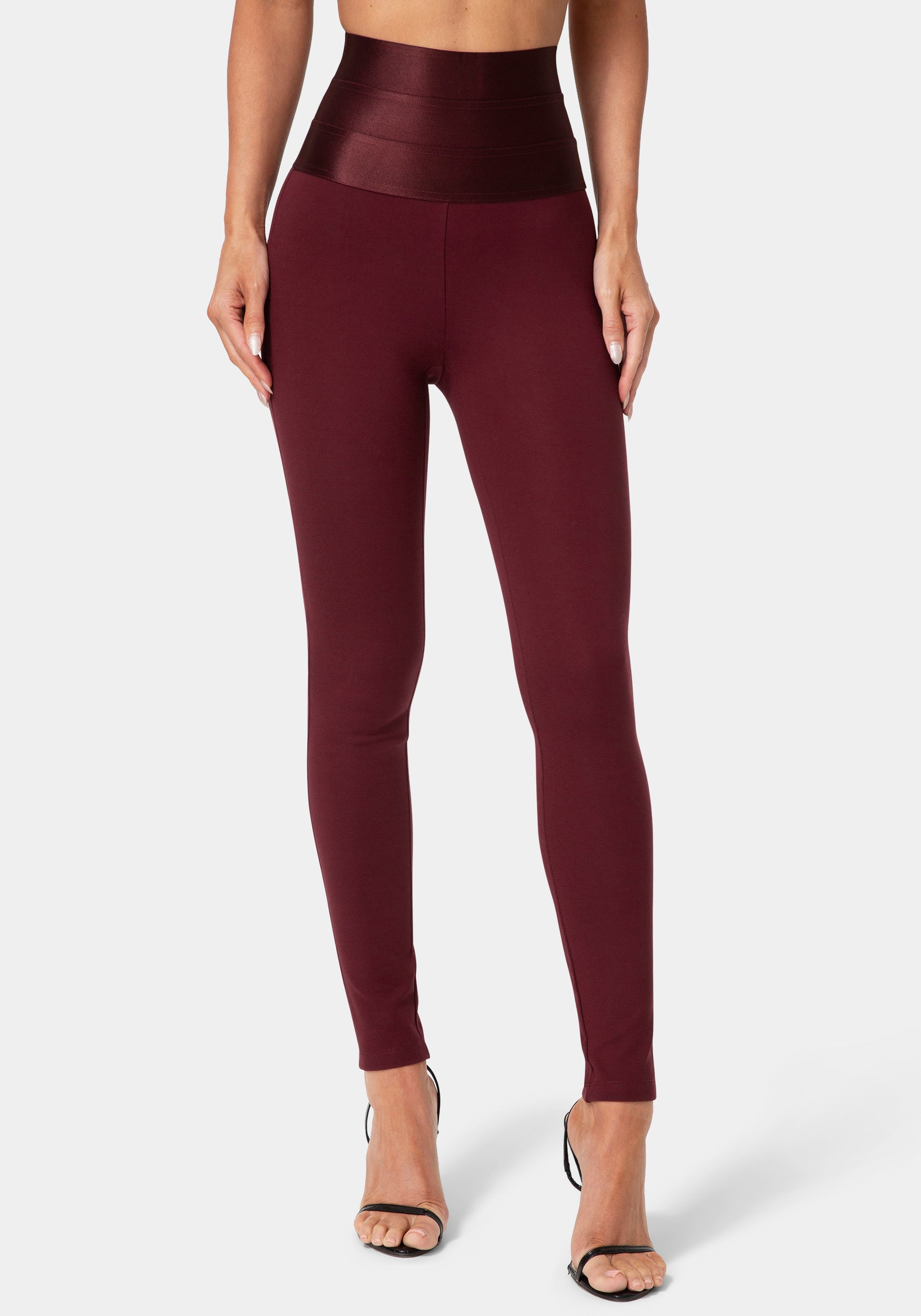 Front View-HIGH WAIST SATIN ELASTIC WAISTBAND  LEGGING-DARK CHERRY