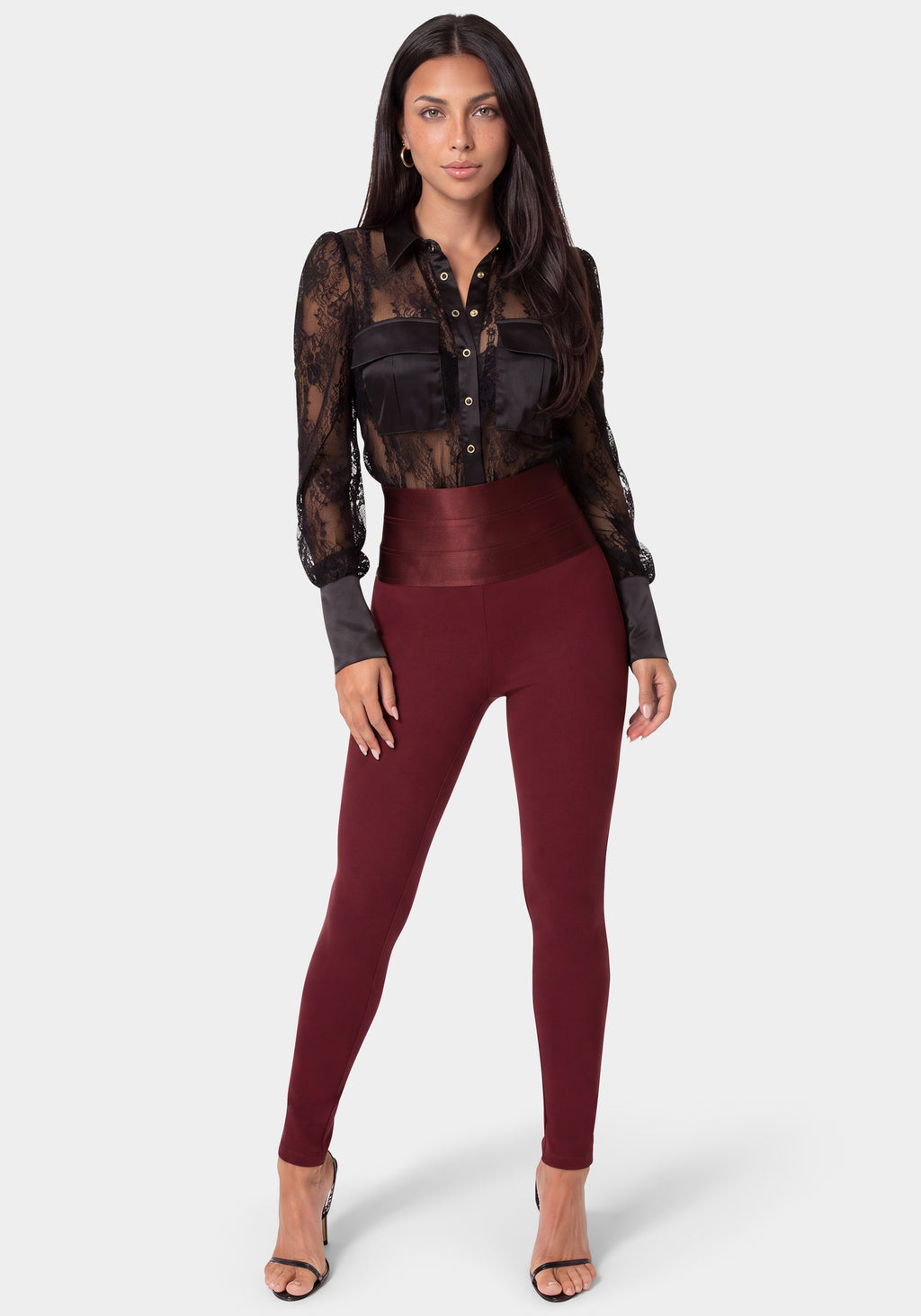 Detail View-HIGH WAIST SATIN ELASTIC WAISTBAND  LEGGING-DARK CHERRY