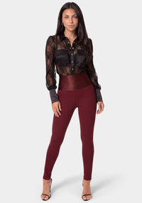 Detail View-HIGH WAIST SATIN ELASTIC WAISTBAND  LEGGING-DARK CHERRY