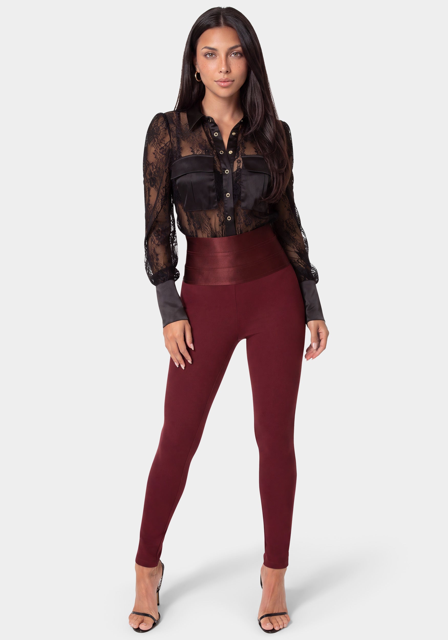 Detail View-HIGH WAIST SATIN ELASTIC WAISTBAND  LEGGING-DARK CHERRY