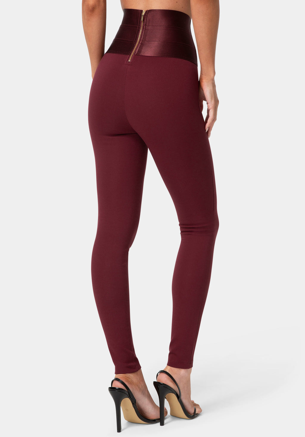 Back View-HIGH WAIST SATIN ELASTIC WAISTBAND  LEGGING-DARK CHERRY