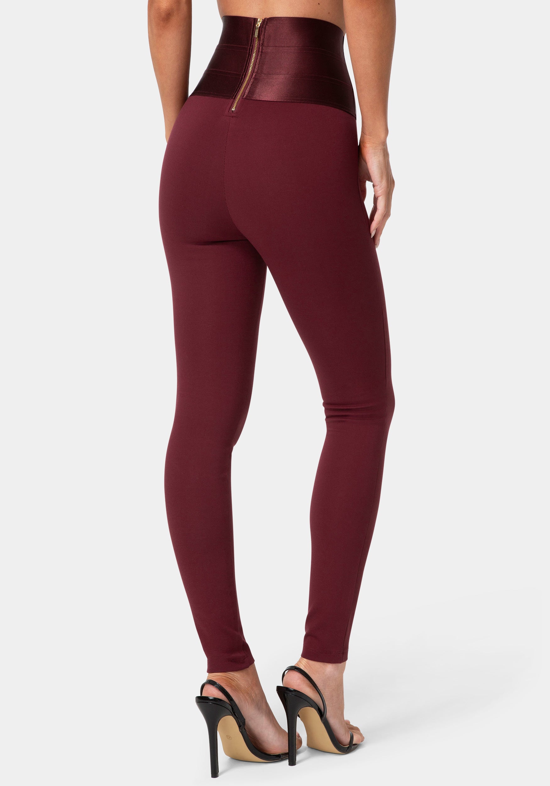 Back View-HIGH WAIST SATIN ELASTIC WAISTBAND  LEGGING-DARK CHERRY