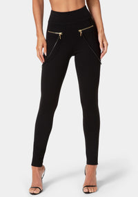 Front View-NATURAL WAIST  ZIPPER CHAIN DETAIL LEGGING-BLACK