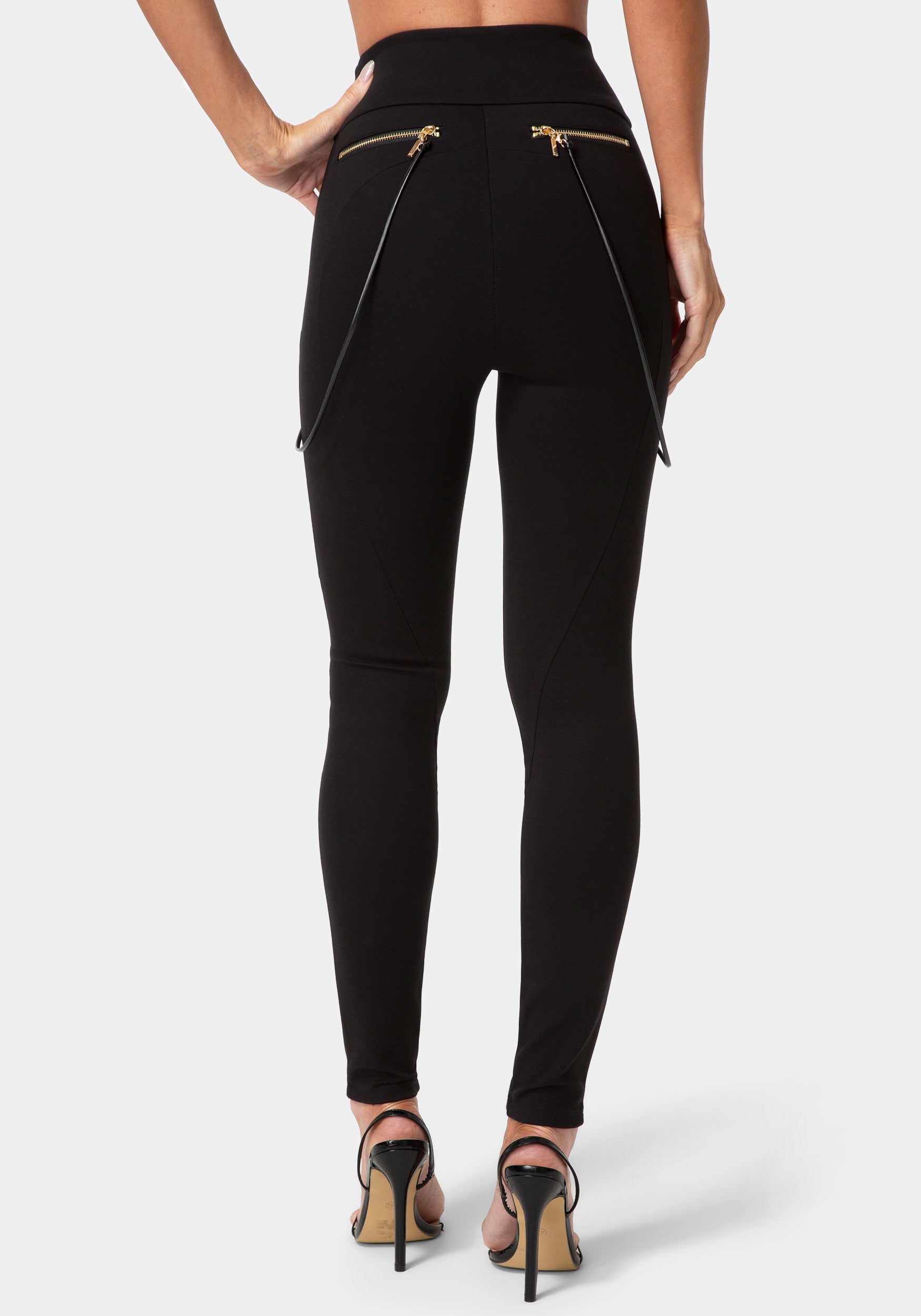 Back View-NATURAL WAIST  ZIPPER CHAIN DETAIL LEGGING-BLACK