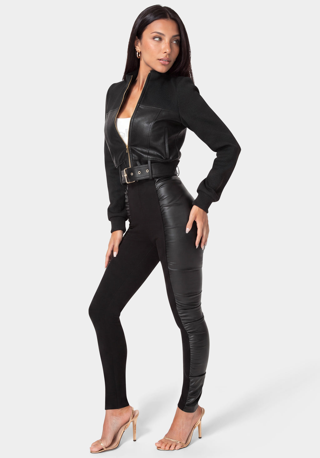 Side View-LOW WAIST SHIRRED LEATHER LEGGING-BLACK