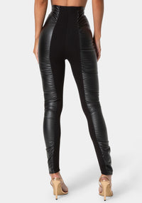 Back View-LOW WAIST SHIRRED LEATHER LEGGING-BLACK