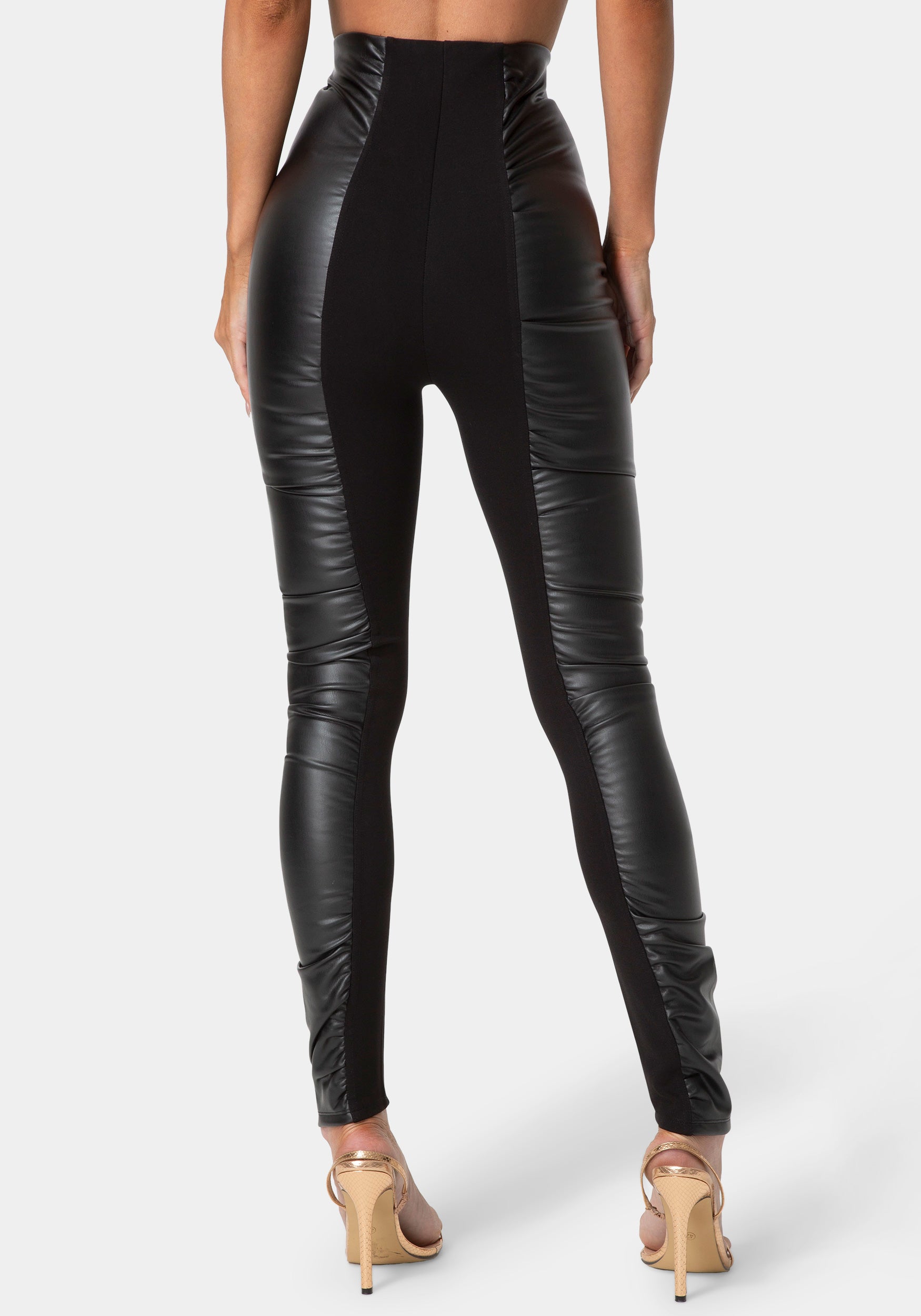 Back View-LOW WAIST SHIRRED LEATHER LEGGING-BLACK
