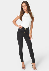 Front View-RHINESTONE HIGH WAISTED LEGGINGS-BLACK