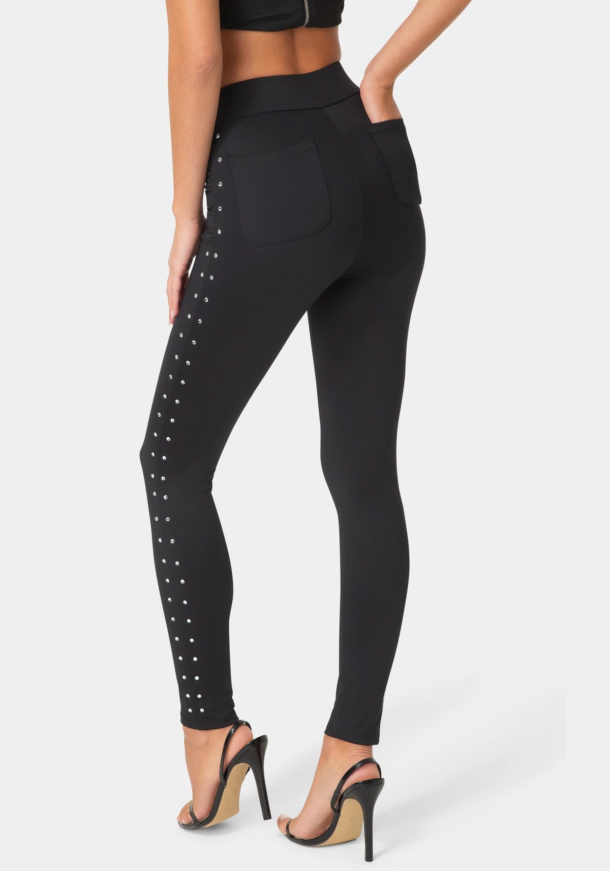 Back View-RHINESTONE HIGH WAISTED LEGGINGS-BLACK