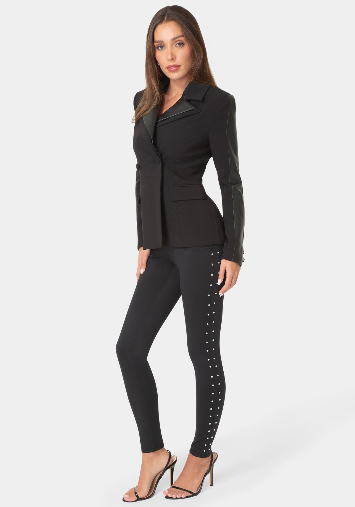 Detail View-RHINESTONE HIGH WAISTED LEGGINGS-BLACK