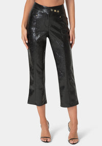 Front View-VEGAN LEATHER CROPPED LEG PANTS-BLACK