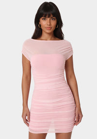 Other View-Mesh Gathered Open Back Romper-Wild Rose