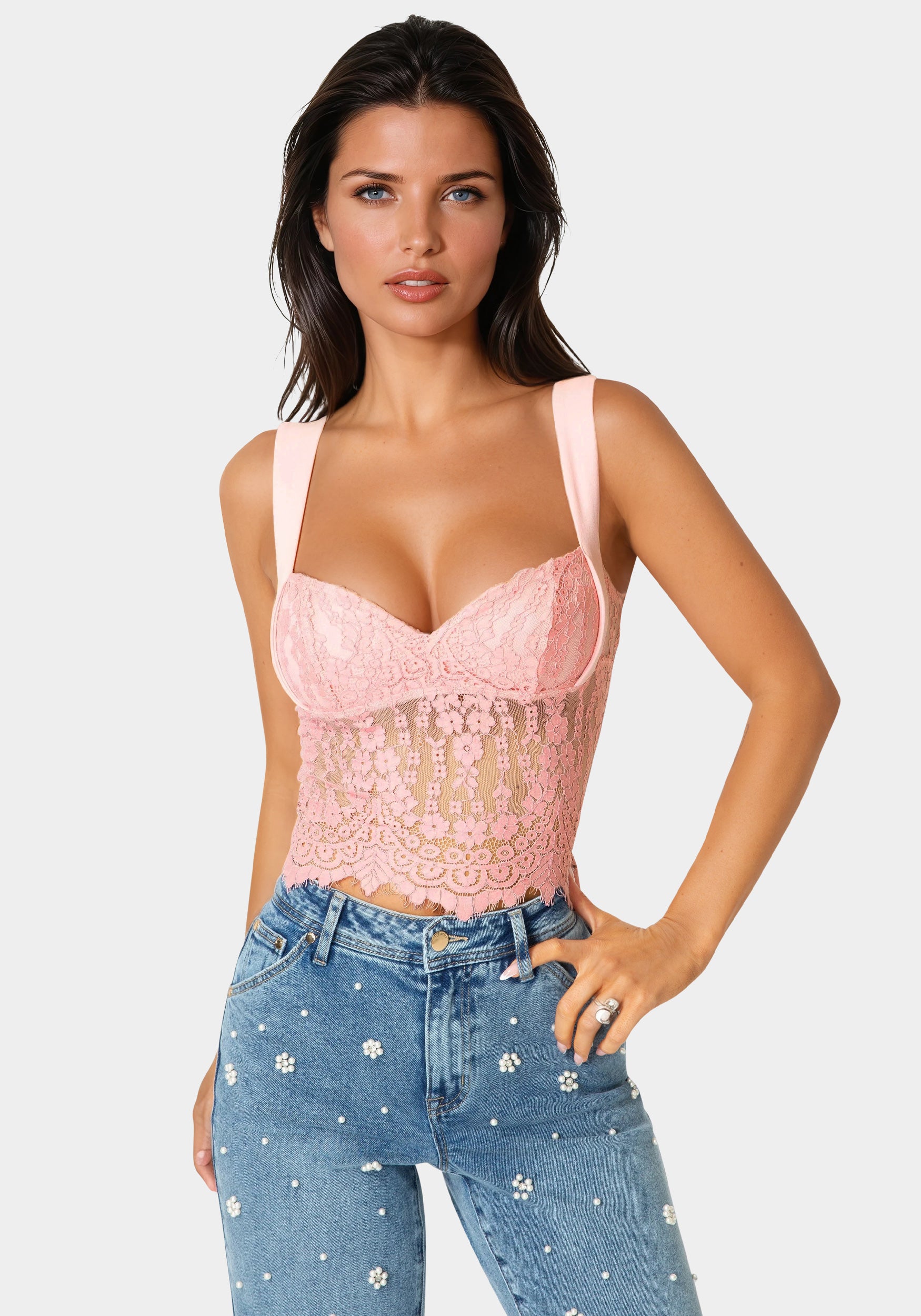 Front View-Lace Sweetheart Top-Peony