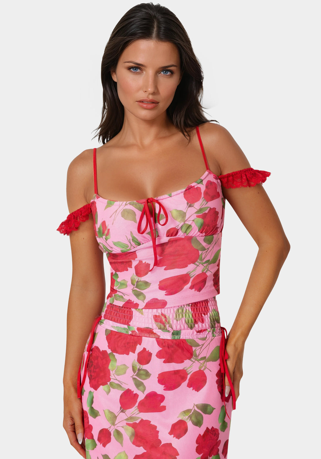 Front View-Floral Printed Mesh Top-Rose Seduction Print