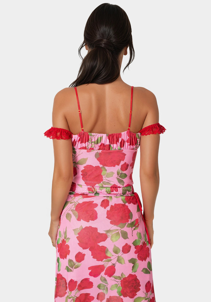 Back View-Floral Printed Mesh Top-Rose Seduction Print