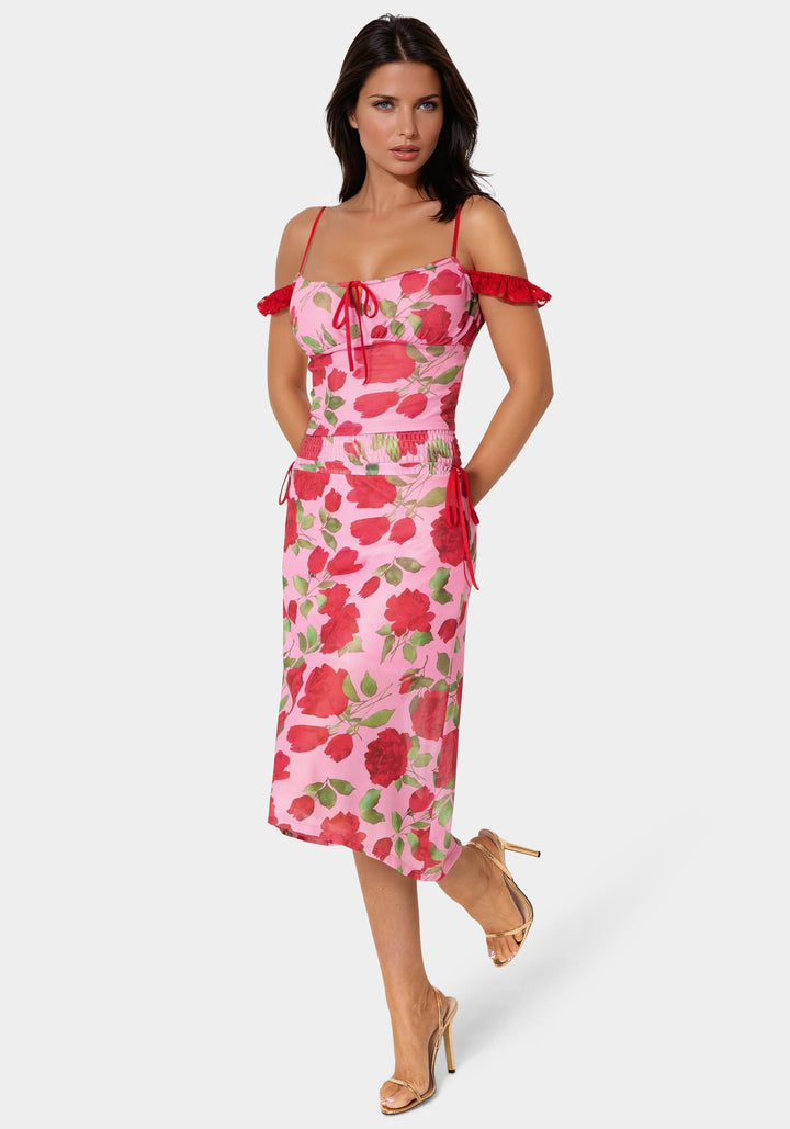 Detail View-Floral Printed Mesh Top-Rose Seduction Print