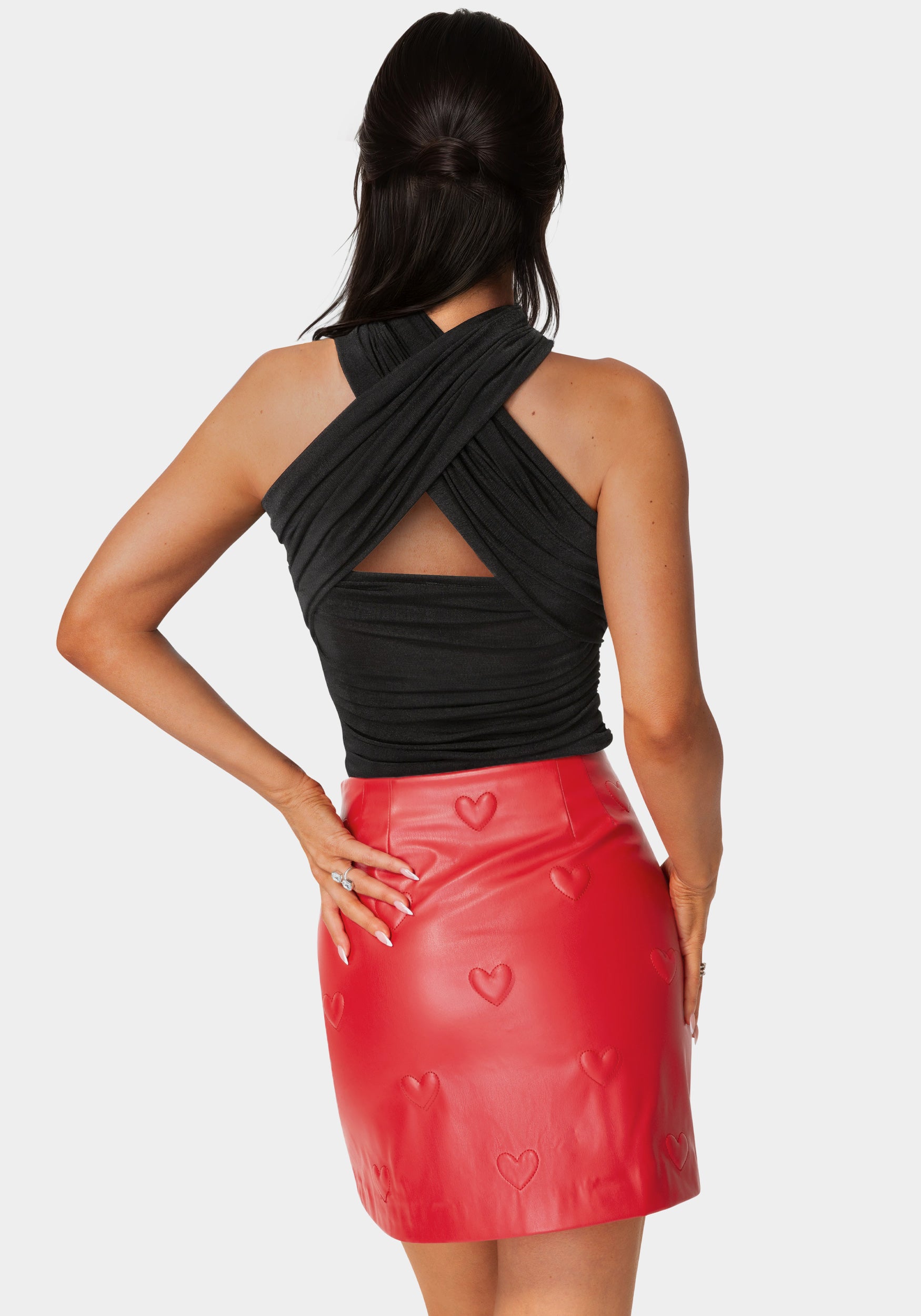 Back View-Versatile Shirring Knit Top-Black