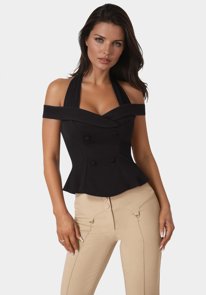 Front view - Off Shoulder Halter Top - Black
