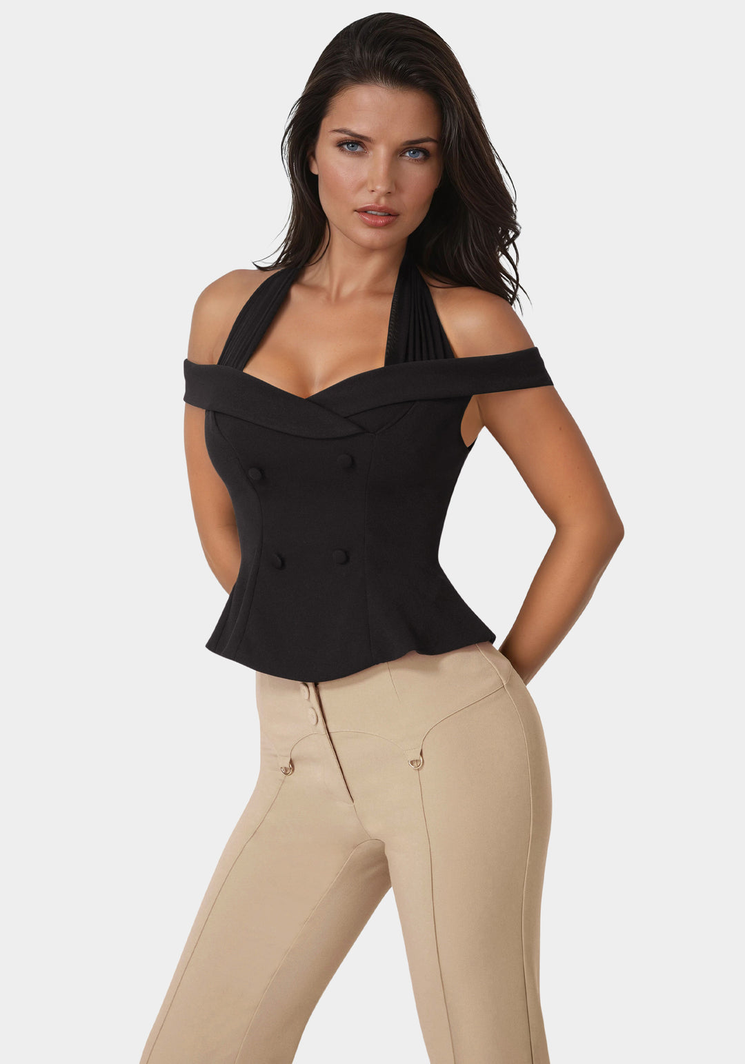 Side view - Off Shoulder Halter Top - Black