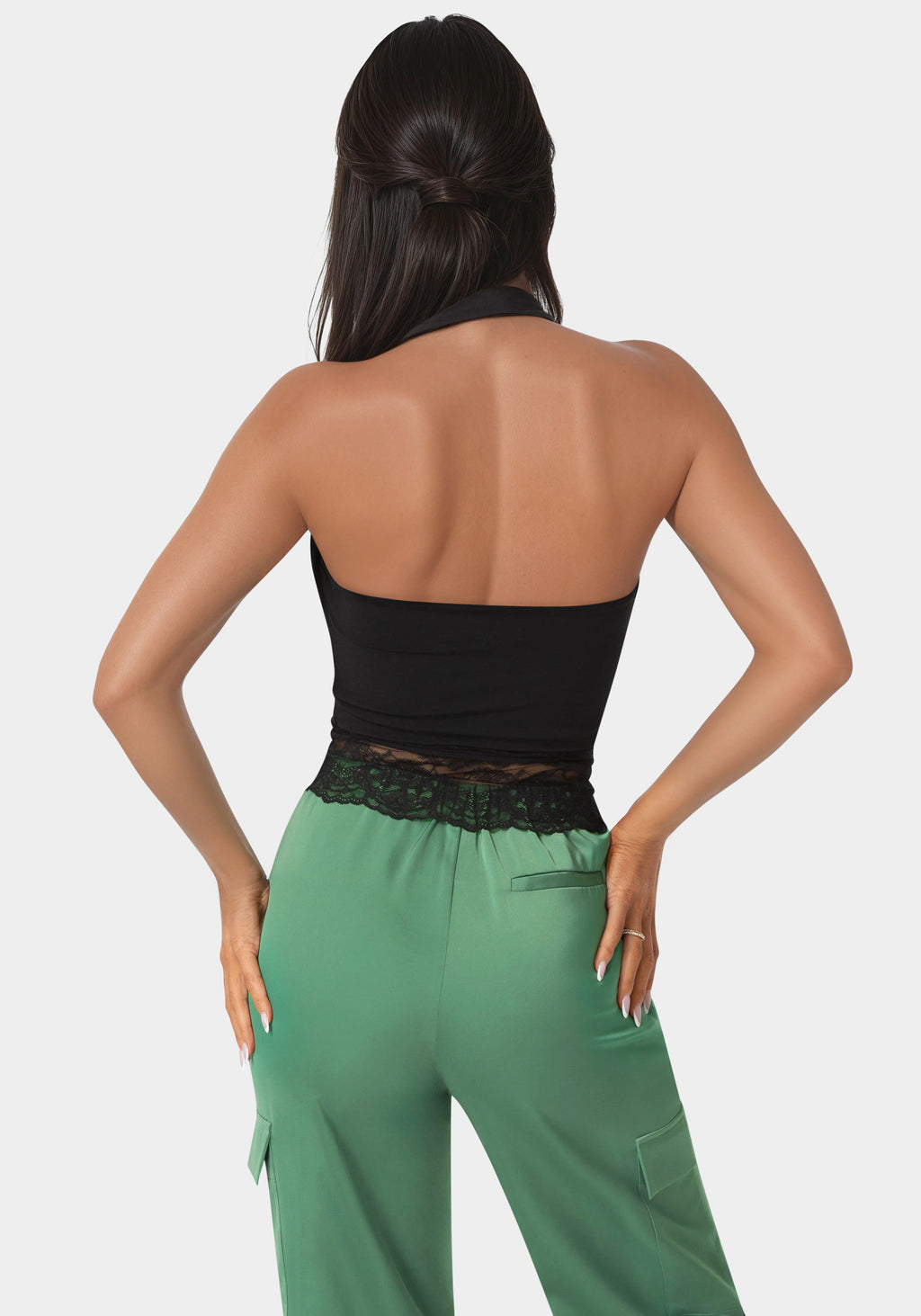 Back view - Cowl Neck Lace Layered Halter Top - Black
