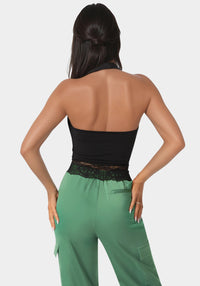 Back view - Cowl Neck Lace Layered Halter Top - Black