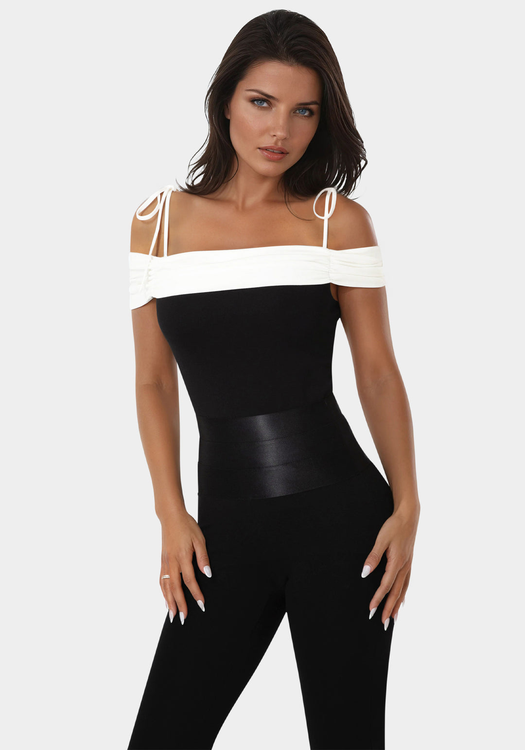 Front view - Off Shoulder Bow Tie Top - Black