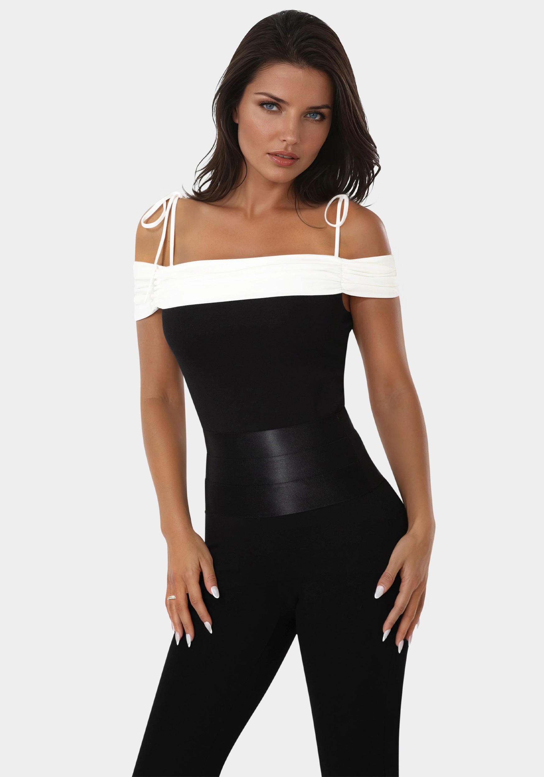 Front view - Off Shoulder Bow Tie Top - Black