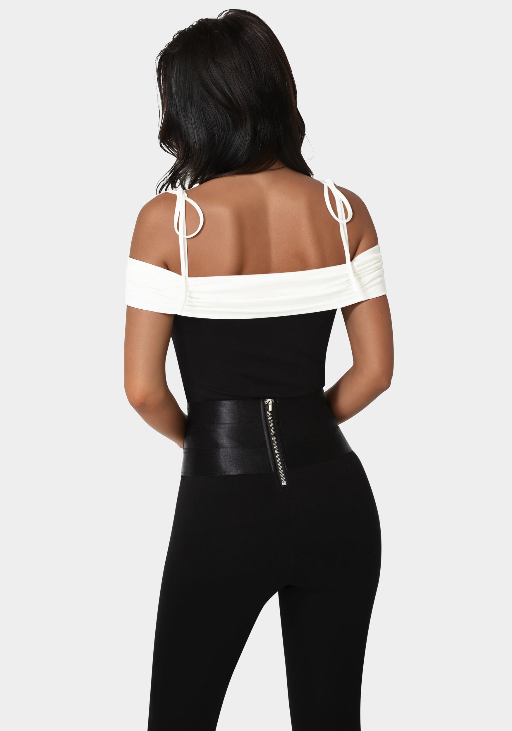 Back view - Off Shoulder Bow Tie Top - Black