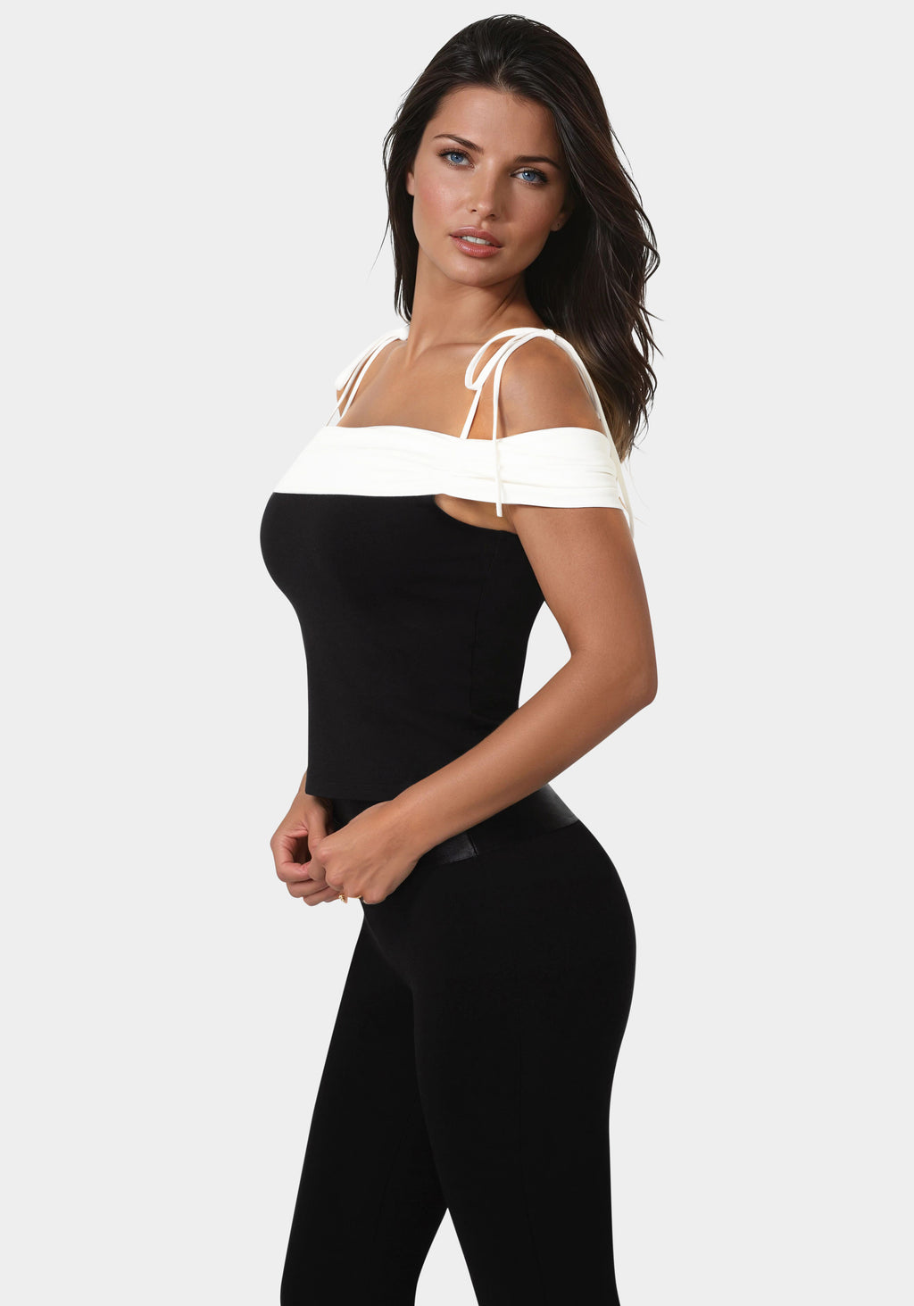 Side view - Off Shoulder Bow Tie Top - Black