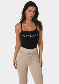 Front view - Bebe Logo Racer Back Rib Tank - Black