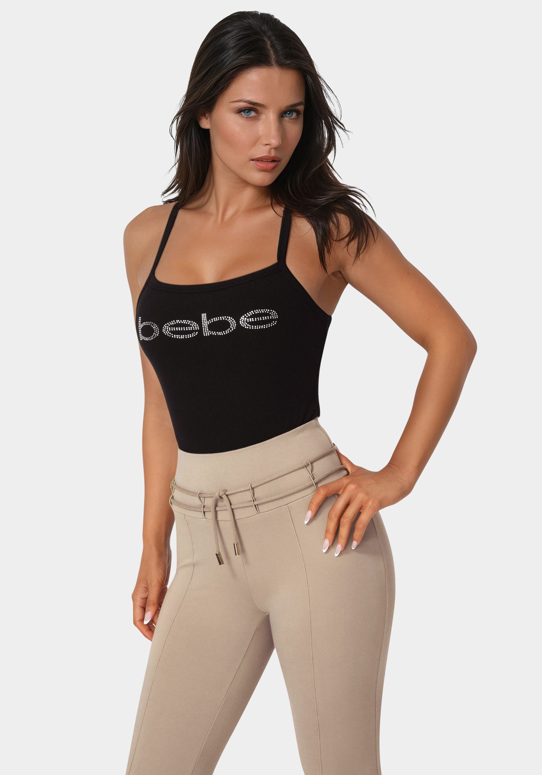 Side view - Bebe Logo Racer Back Rib Tank - Black