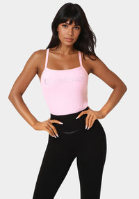 Front view - Bebe Logo Racer Back Rib Tank - Bubble Gum Pink
