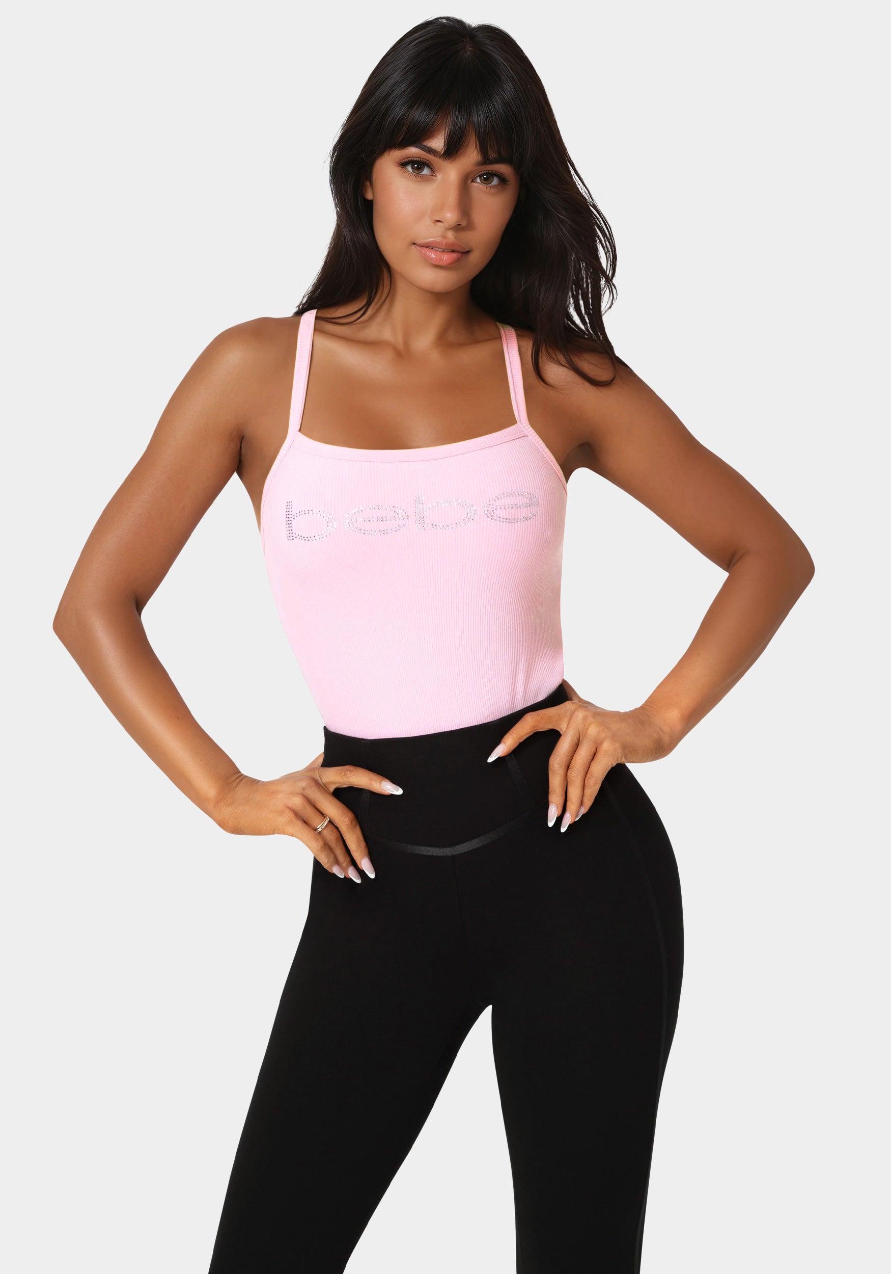 Front view - Bebe Logo Racer Back Rib Tank - Bubble Gum Pink
