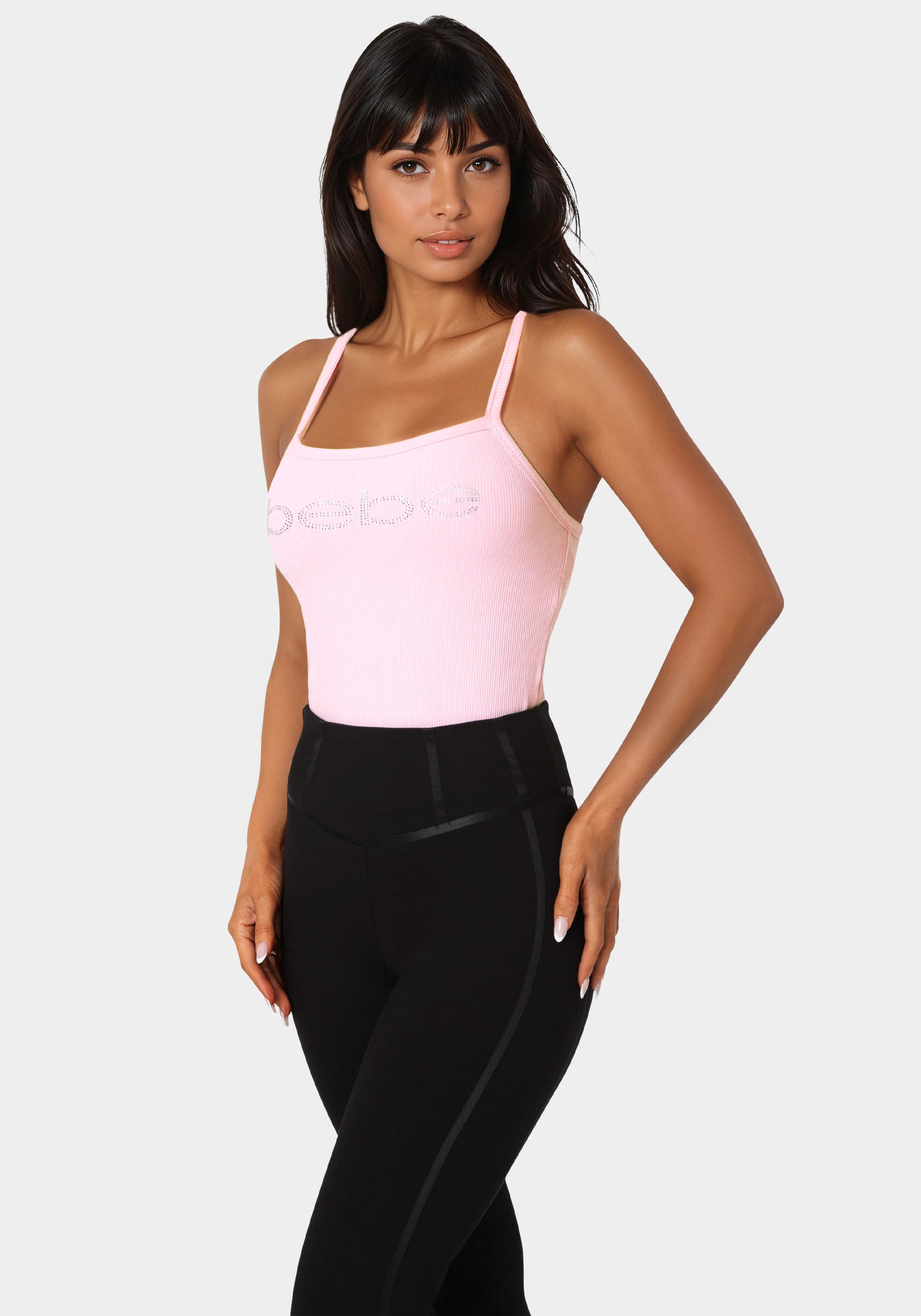 Side view - Bebe Logo Racer Back Rib Tank - Bubble Gum Pink
