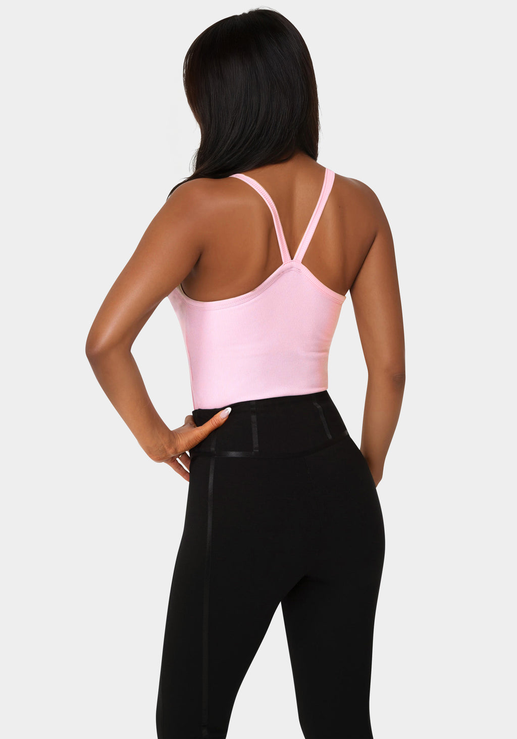 Back view - Bebe Logo Racer Back Rib Tank - Bubble Gum Pink