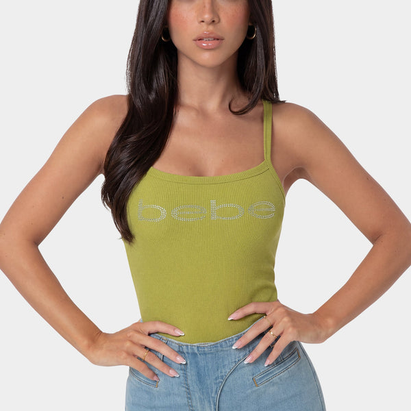 Front View-Bebe Logo Racer Back Rib Tank-JALAPENO GLOW