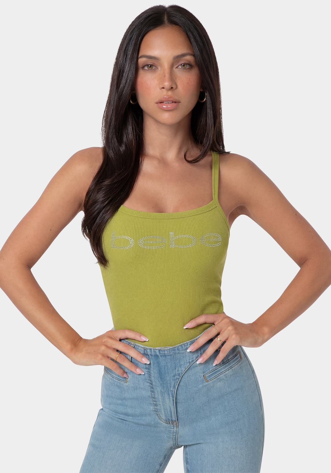 Front View-Bebe Logo Racer Back Rib Tank-JALAPENO GLOW