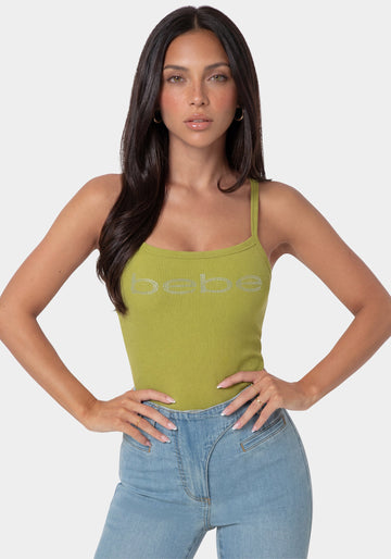 Front View-Bebe Logo Racer Back Rib Tank-JALAPENO GLOW