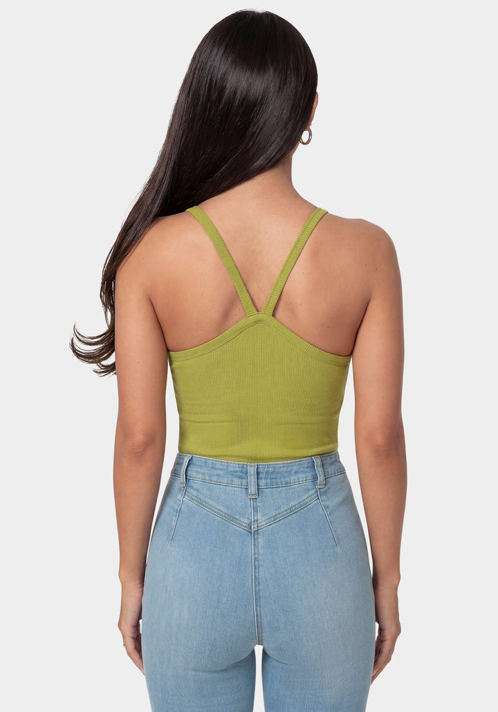 Back View-Bebe Logo Racer Back Rib Tank-JALAPENO GLOW