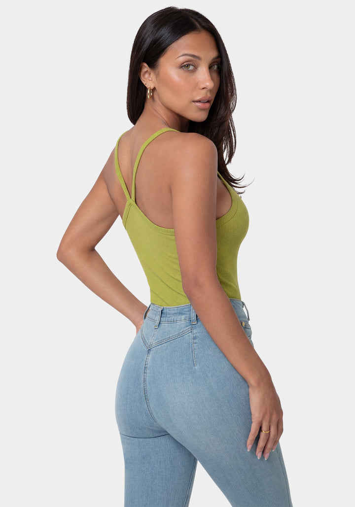 Side View-Bebe Logo Racer Back Rib Tank-JALAPENO GLOW