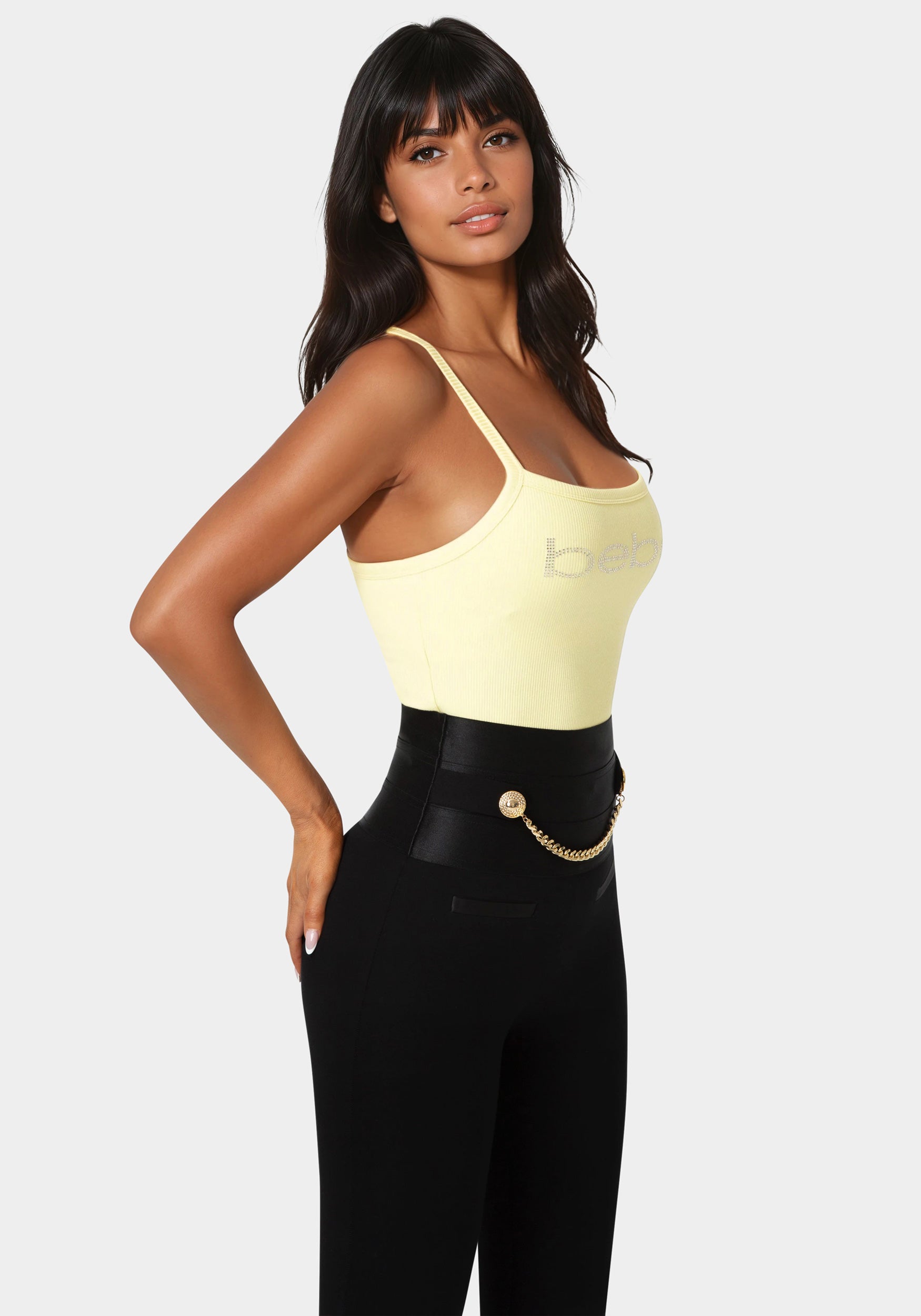 Side view - Bebe Logo Racer Back Rib Tank - Key Lime Pie
