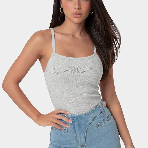 Front View-Bebe Logo Racer Back Rib Tank-LIGHT GREY MIX