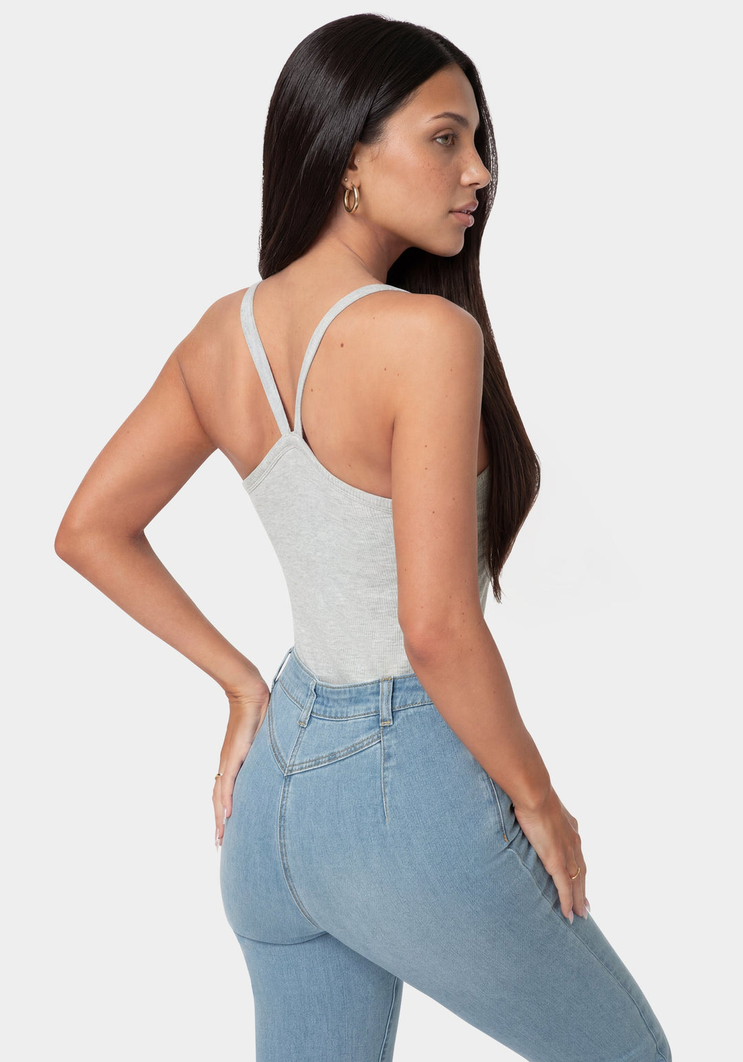 Side View-Bebe Logo Racer Back Rib Tank-LIGHT GREY MIX