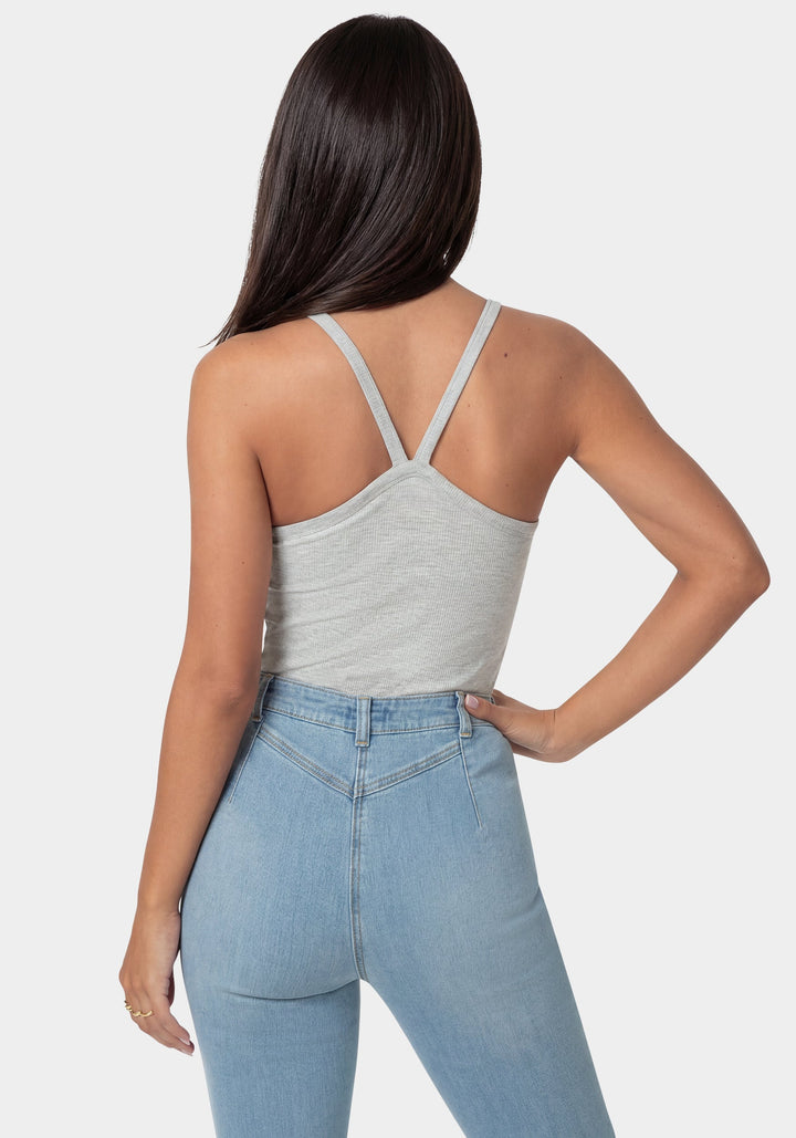 Back View-Bebe Logo Racer Back Rib Tank-LIGHT GREY MIX