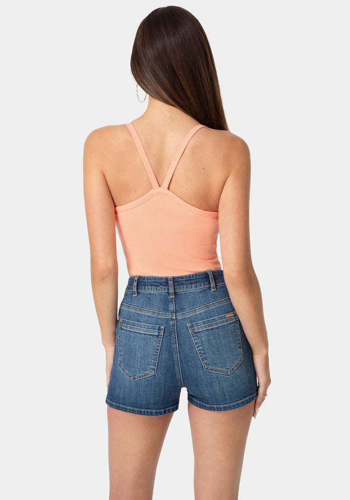 Back View-Bebe Logo Racer Back Rib Tank-PAPAYA PUNCH