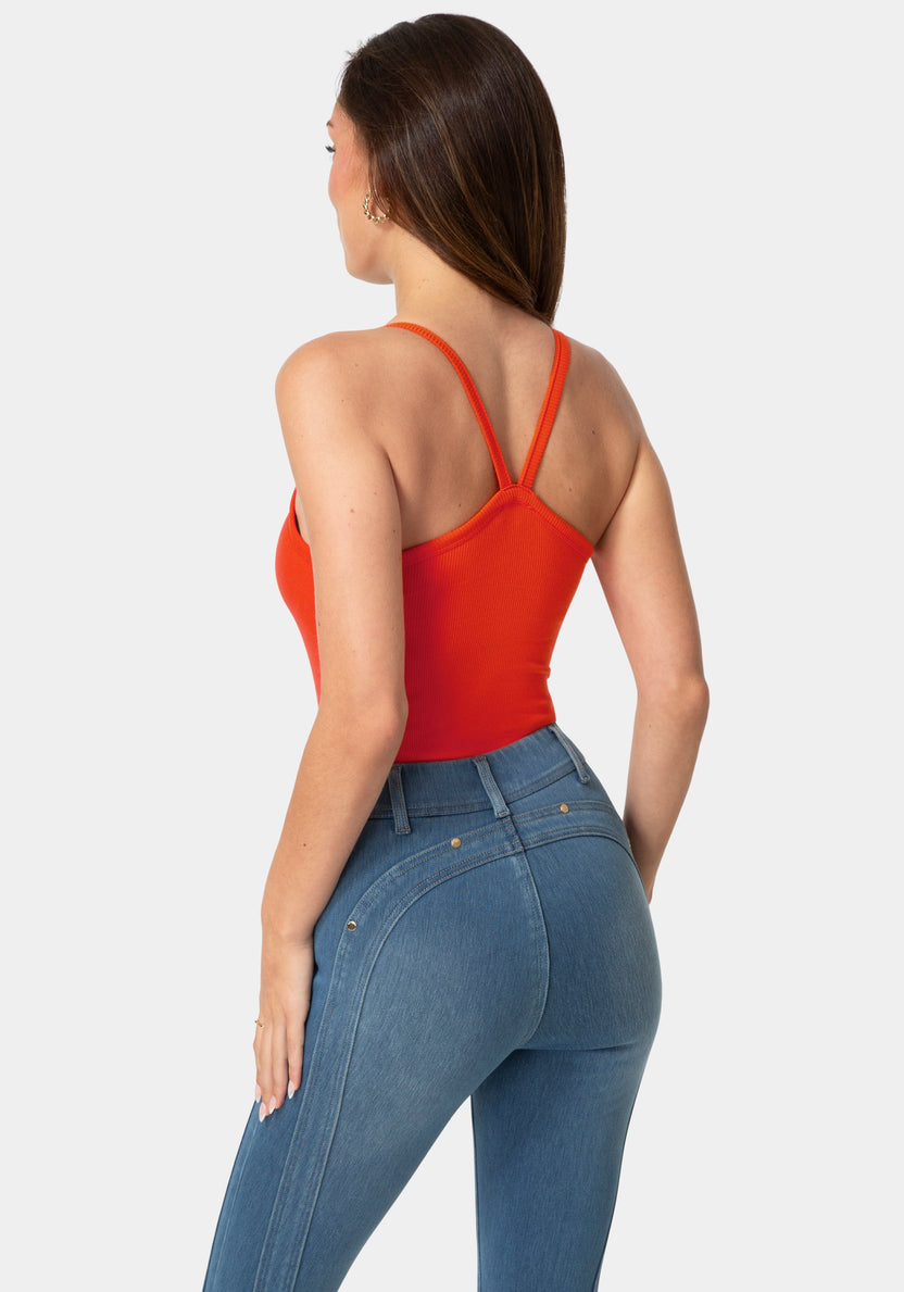 Back View-BEBE LOGO RACER BACK RIB TANK-VOLCANIC RED