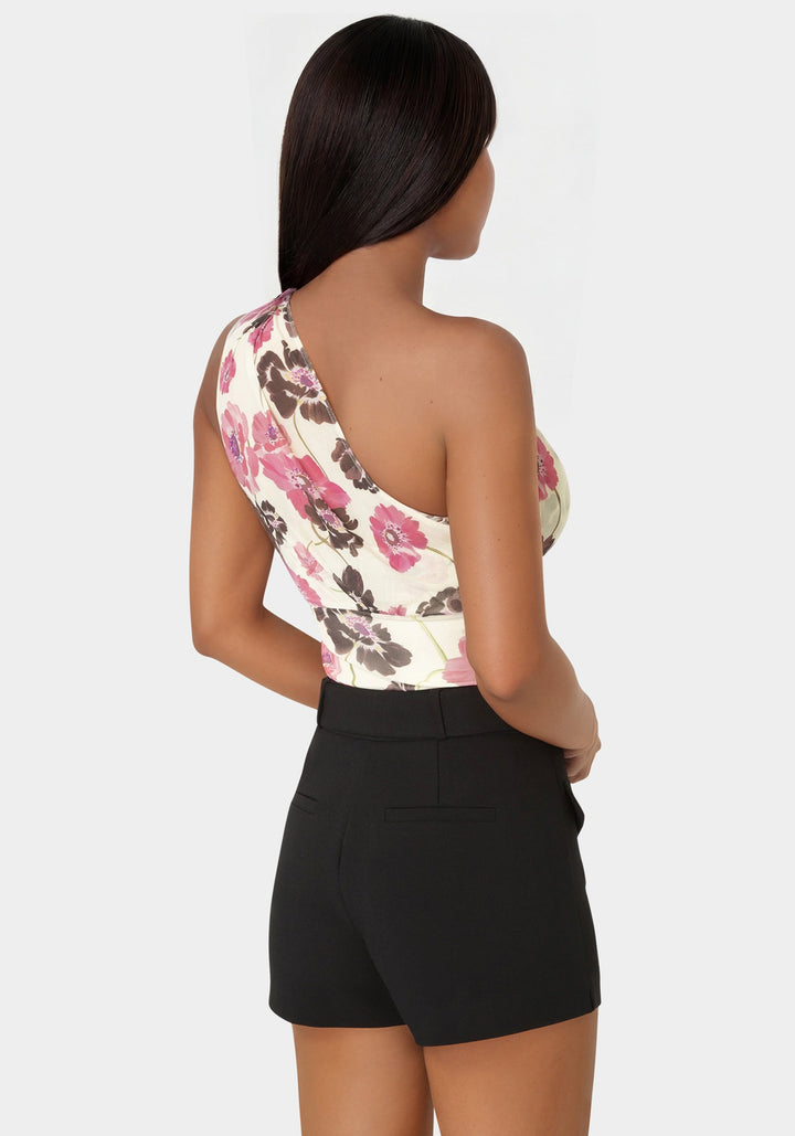 Back View-One Shoulder Mesh Corset Top-Wild Garden Prt