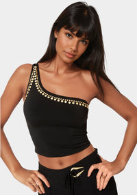Other View-One Shoulder Studs Knit Top-Black