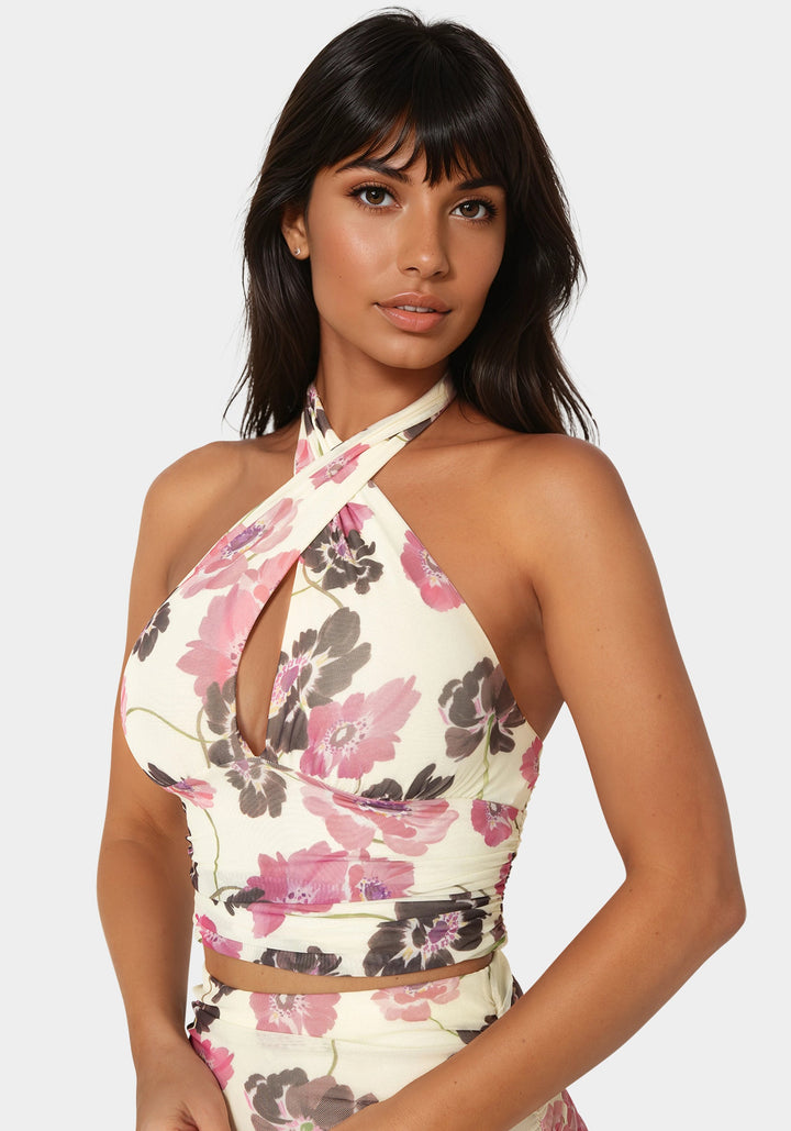 Other View-Mesh Halter Neck Wrap Top-Wild Garden Prt